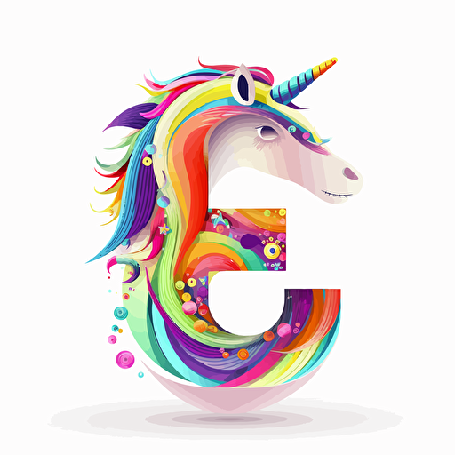 The letter "e" made from logo, with unicorn ,smily, vector style, cartoon, mandalacolor,white background,2d