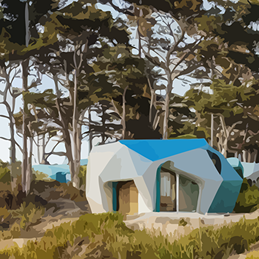 architectural rending eco community neighborhood innovative contemporary 3d printed sea ranch style cabins rounded corners angles beveled edges cement concrete organic architecture california coastline walks parks public space designed gucci wes anderson golden hour
