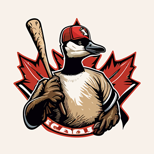 logo, vector, 3 color, mascot, canadian goose, wearing a baseball hat and baseball jersey, holding a bat