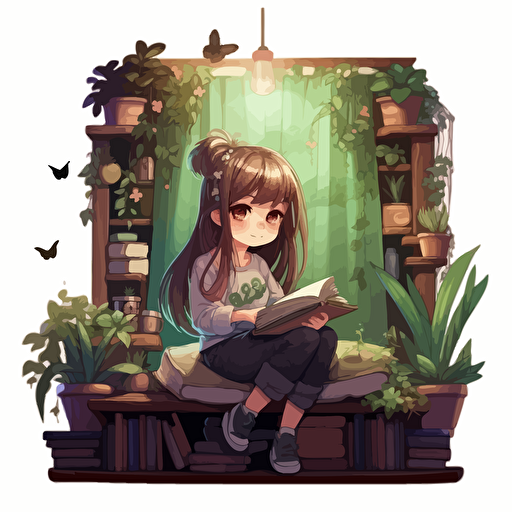a chibi teenage studying girl vector fantasy style, cozy mellow image extremely detailed, hyper resolution smooth and bright colors, behind her a big bookshel stand, hanging bright green plants big windows, silky detailed butterflies flying around