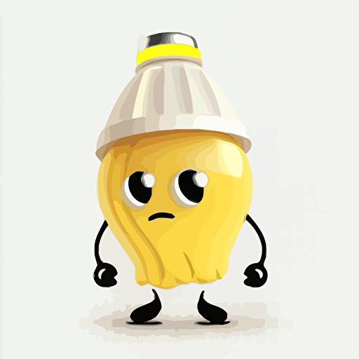 flat vector illustration, anthropomorphic LED light bulb wearing a yellow Class E hard hat, cartoon style, white background for cut out