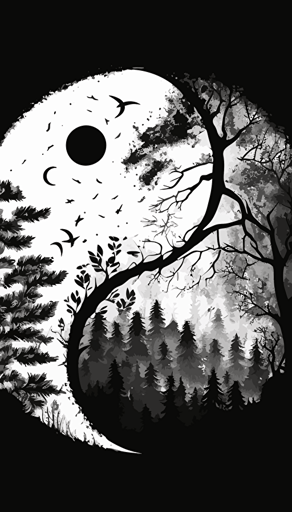 yin and yang ☯️, nature, forest, black and white, abstract, vector art, minimalistic