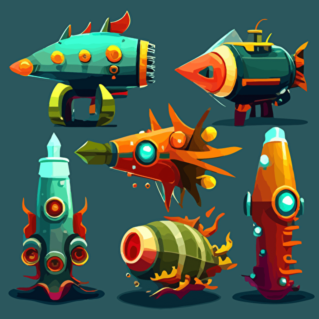 cartoony complex aquatic bazookas lined up, vector, theme is atlantic, coral, ocean, cartoony,bazooka, grenade launcher, turret, gun, flame thrower, 2D, concept art, Pet Simulator X