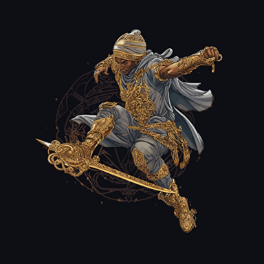 sword swinging samurai wearing gold hip hop jewelry and Jordan 1 shoes. Hyper details. Hdr. 16k. Uhd. Vector image. Drawing. Black background