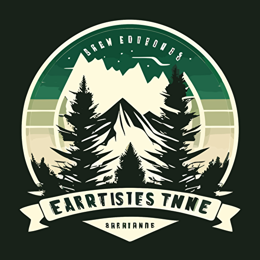 Tree service logo. Simple vector image, white and green colors with silhouette of mountains in the background and lots of pine trees in the foreground.