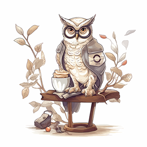 Barista style, a happy Owl reading a book, gray color and cream color owl, sitting on a branch, white background, vector illustration, illustration