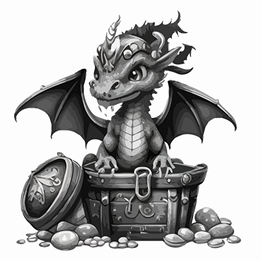 cute dragon with treasure, fantasy art simple, black and white, vector art, no background