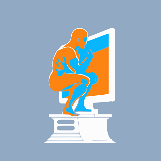 a modern futuristic minimal vector logo of a computer game in a meditative pose buddah like in front of a computer, orange blue white background
