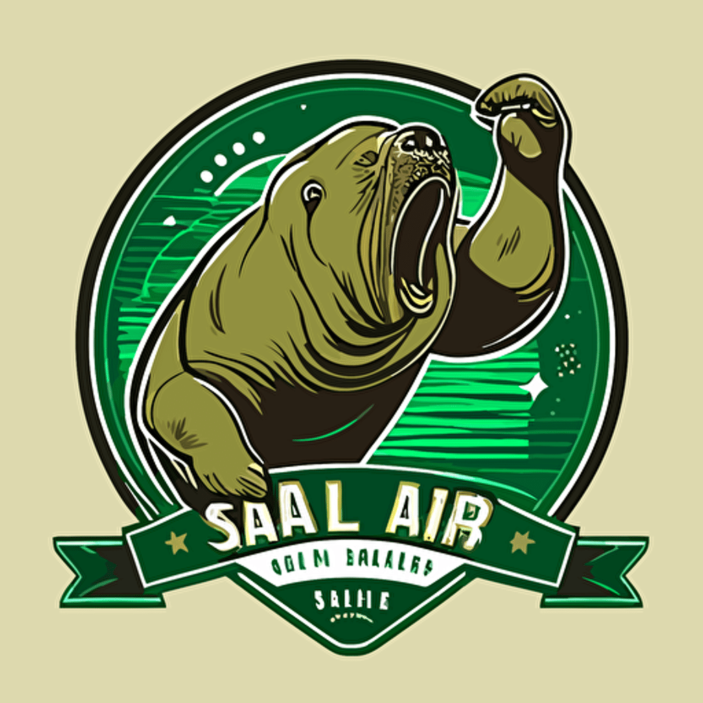 make a vector sport logo with a young happy walrus in a green triangle background