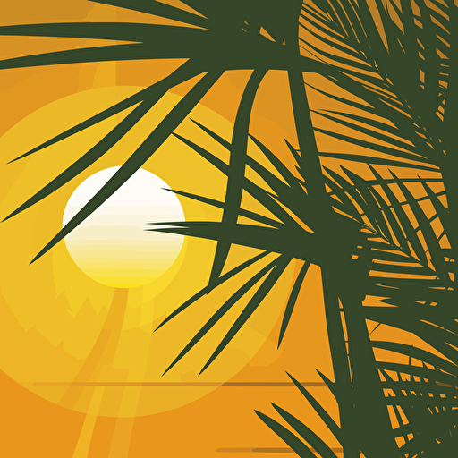 very simple sun taking up most of the image, a couple of palm leaves, yellow, flat, vector