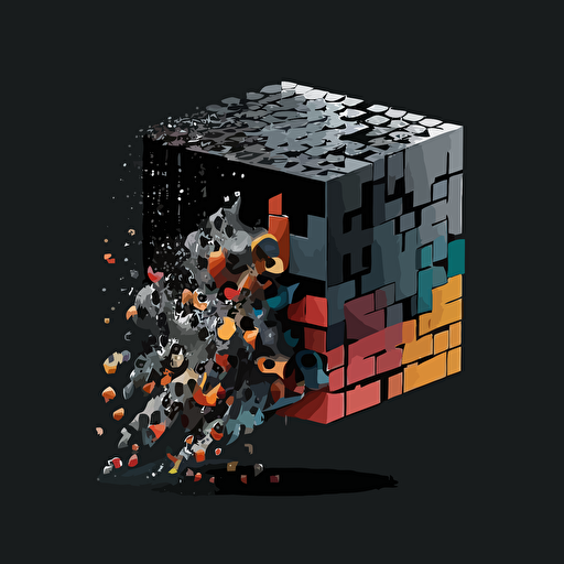 logo, minimalist, 9 cuded vectorized, gray and black colors on the exterior print layer , delicacy, interlayer of small muilti-colored cubes inside falling out of the cube, with different shades, black background