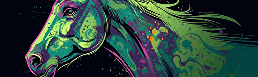 vector surreal style illustration of a horse, facing left, purple, green, and pops of green,