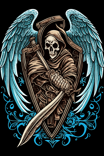hooded reaper with sword shield and wings vector art style moral patch