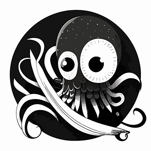 black and white, cartoon squid holding a feather quill with its tentacles, circle around the squid and quill, vector art