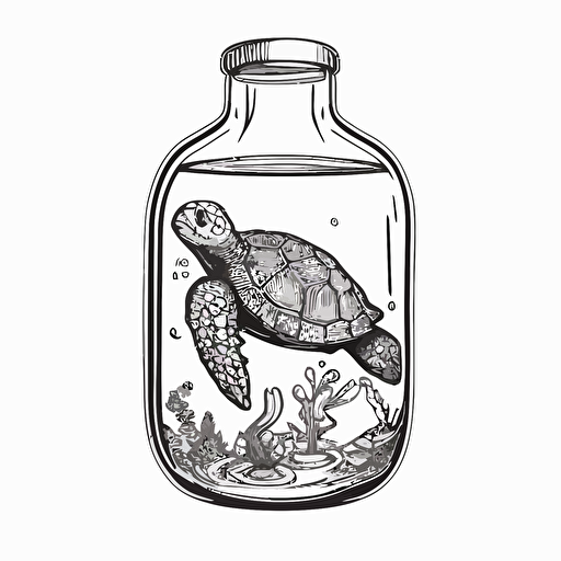 sticker, a turtle in a bottle, contour, vector, white background s 1000