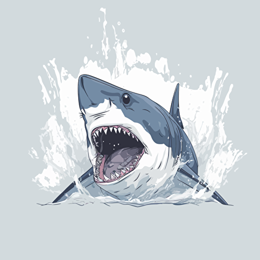minimalistic vector art great white shark, blitzing forward, fierce expression, extremely foreshortened, mouth open