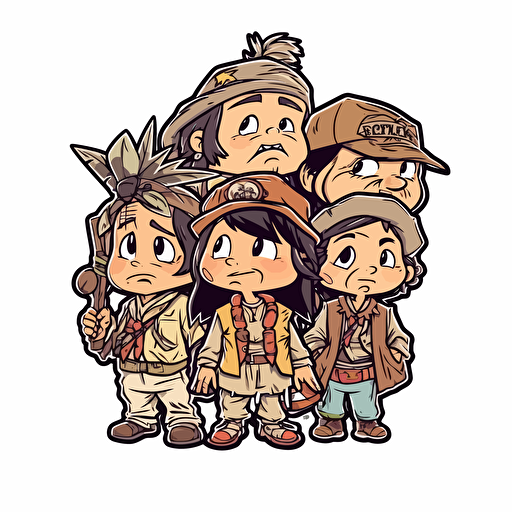 90's little rascals as native americans, sticker, Kawai, contour, dibujo digital, vector, White background