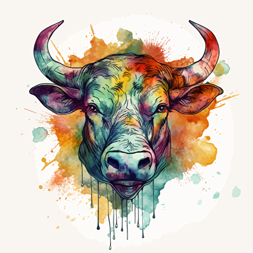 vector line drawing of taurus bull head, with multicolor, watercolor background.