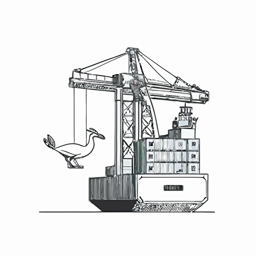block print style illustration, small portal crane, white background, vector, minimalism, sea container, minimalism, logo, one line, few elements