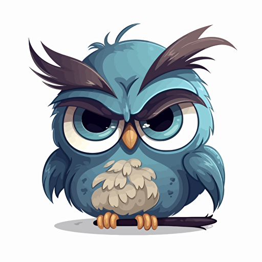 cute grumpy baby owl, style of children's cartoon, vector art, isolated on white, no background