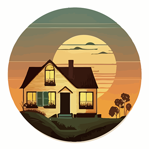simple icon, vector small round sticker, small house with solar panels during sunset