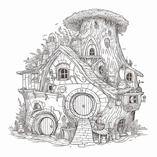 a whimsical medieval hobbit house, in a flat 2d vector style, black and white, no perspective, zentangle