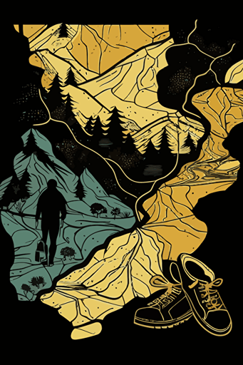 abstract hiking map, no text, pop art deco illustration, hand vector art, black background,