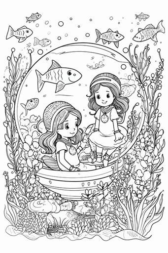 colouring book for kids, various mermaids separated by space, cartoon style, vector, little detail, no shadow, black and white, white background