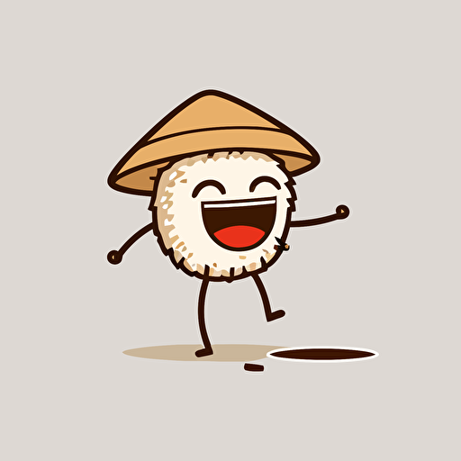grain of rice dancing, stickman, solid body, simple line arms legs, laughing, with traditionnal asian hat, drawing, vector, sticker