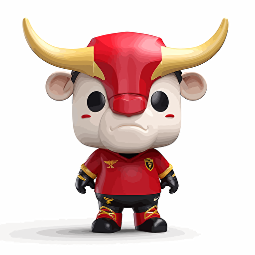 a vector picture in Unreal Engine of a bull funko pop dressed in Arsenal soccer colors clothes, white background for a clean, minimalist design