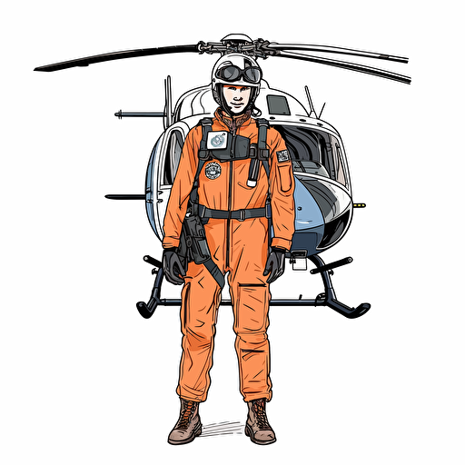 man with a helicopter uniform and a helmet standint ing front of a helicopter. vector. white background. no background