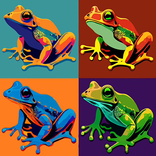 Inspired by Andy Warhol's pop art, create a vector illustration of a series of colorful prints featuring frogs in various poses and styles, referencing popular culture and consumerism. Set the scene in a contemporary art gallery.