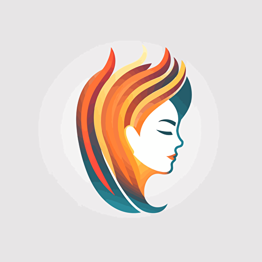 minimalistic vector logo, front face view of friendly AI with hair of fire, geometric and blocky, modern, clean, 3 colors