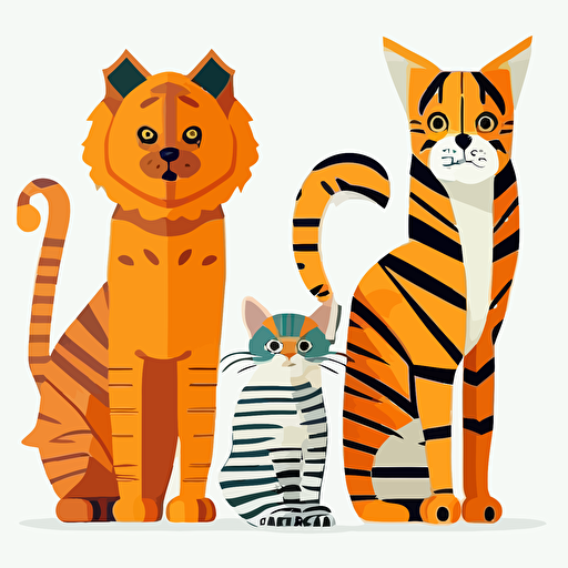 cat, dog, coala, tiger in flat cartony naive childish style, flat vector 2d on white background