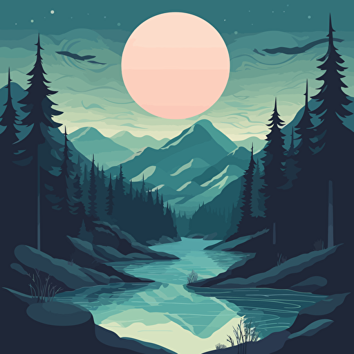 vector art of mountains with moon in the sky trees and a river