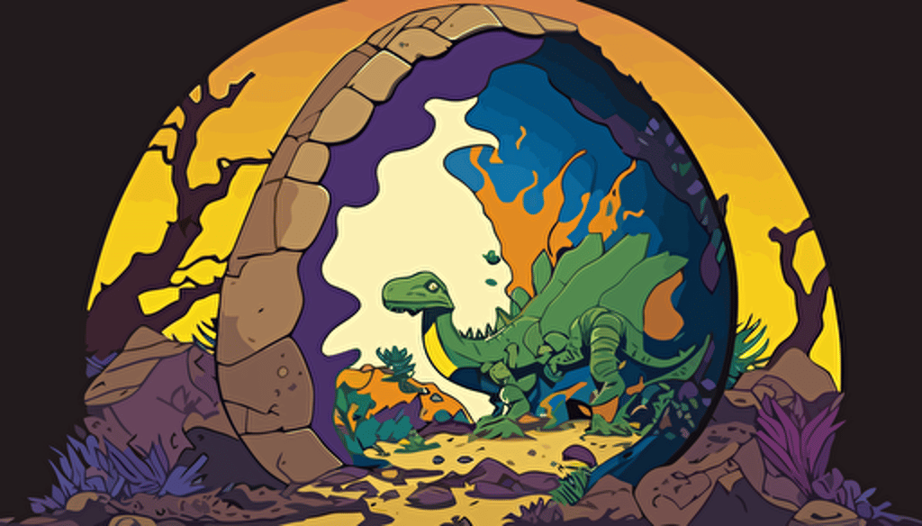 a panel from a Shōnen manga depicting a dinosaur egg buried in the earth's core between rocks and soil, it is dissolving and turning into petroleum, around it we see bones of various dinosaurs, color pop, flat vector art, bright colors, high resolution