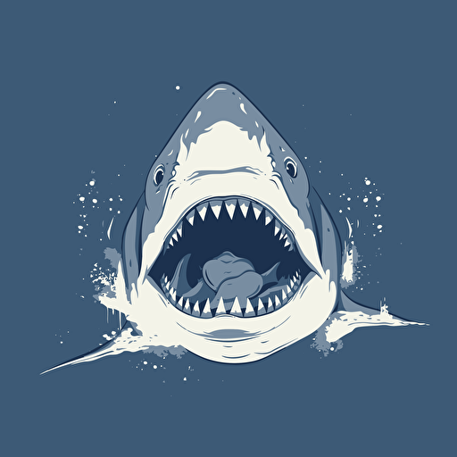 minimalistic vector art great white shark, blitzing forward, fierce expression, extremely foreshortened, mouth open