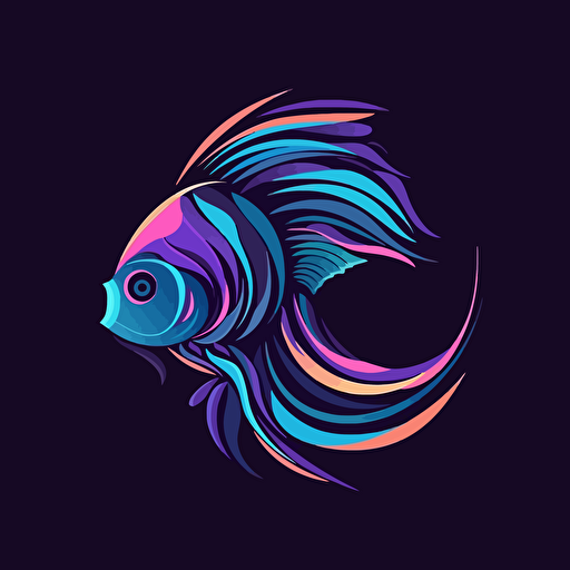 simple vector art logo, stylized design, colourful beta fish with focus on light violet, blue and black colors, shades of indigo colours, with shadows, pure black background