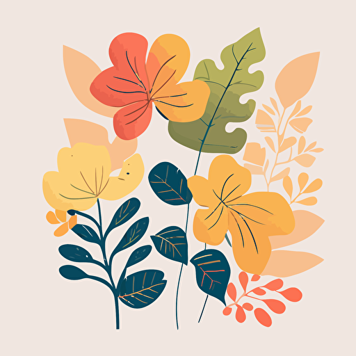 flat vector of 3 flowers and some leaves. Bright neon colours. Cream background. Flat. No shadow.