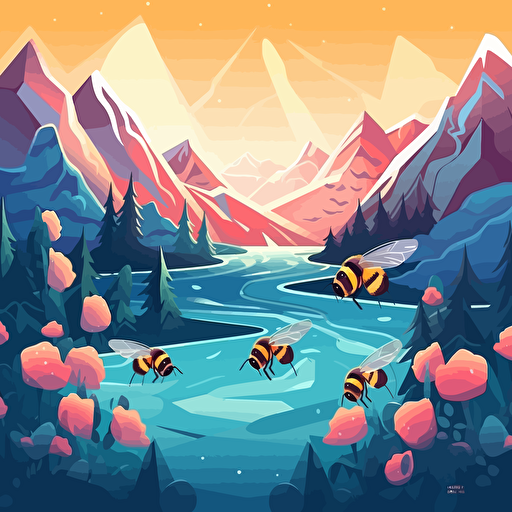 create a wallpaper of nature, include bees, ice cold mountian behind, vector, leave a place for logo more to the left, use only 5 colors,