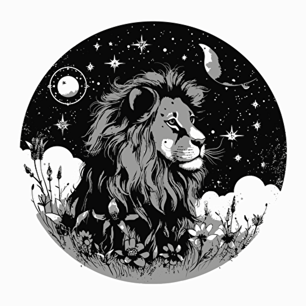 little black cartoon lion surrounded by butterflies, constellations, starry sky, Beautiful Gothic Fantasy, Watercolour cartoon, minimalistic illustration, in black and white vector, sticker