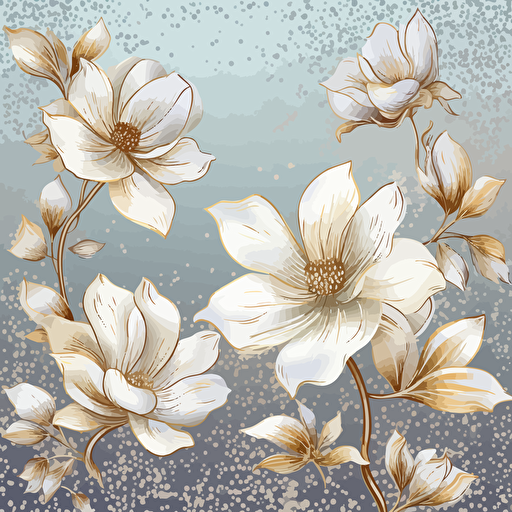 vector powder pastel with hand drawn white flowers on a shimmering silver background