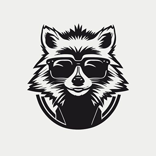 Minimalist happy cut racoon with sunglasses logo, vector logo