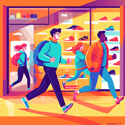 Vector illustration of customers running to shopping in a hardware store. The style is colourful, fluid and contempory, Modern flat vector concept illustrations.