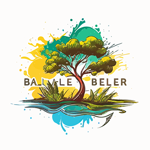 simple 2D logo for a landscape designer, which represents a brush drawing a landscape with a tree and a river in vector quality, bright color
