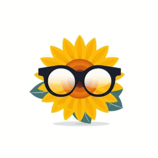 A cheerful sunflower with hipster glasses, a playful and friendly logo design with a minimalist approach, white background to enhance the vibrant colors of the sunflower, Illustration, vector art,