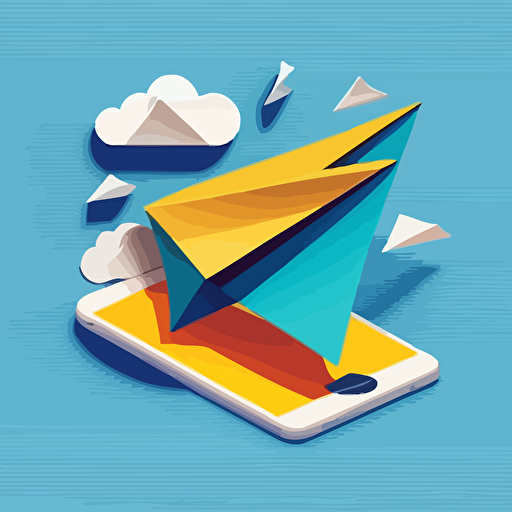 email ariving in inbox on phone, paper airplane, illistration, vector, blue primary color