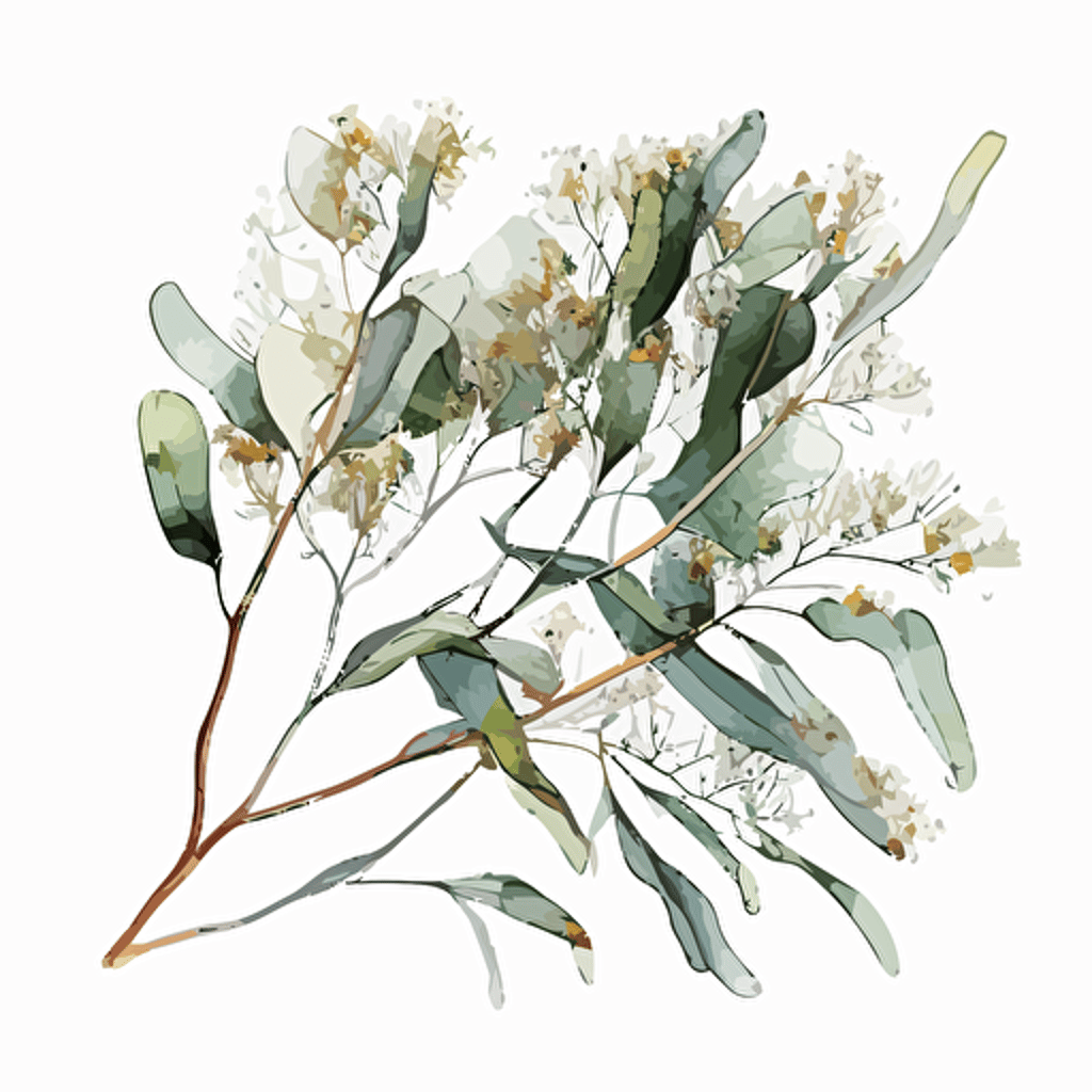 top view, watercolor rustic eucalyptus branch, vector, white background