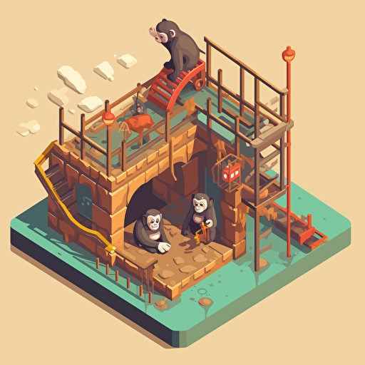 cartoon vector isometric images of broken monkey cage, under repair, no monkeys