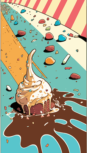 a panel from a Shōnen manga depicting ice cream sprawled on the ground, ice cream in polycarbonate cup, melted ice cream, mess, suburban scene, pop color, flat vector art, bright colors, high resolution